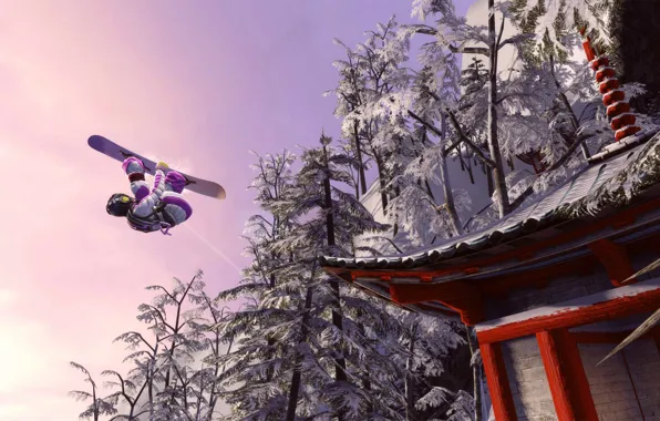 Картинка крыша, сноуборд, Япония, пагода, в небе, деревья в снегу, кувырок