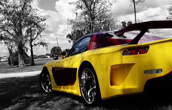 Картинка Mazda, Yellow, Tuning, Back, Trees, Rx-7, Veilside