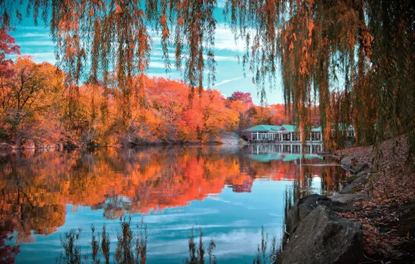 Картинка осень, небо, облака, деревья, озеро, отражение, камни, листва, домик, Нью Йорк, New York, Central Park, …
