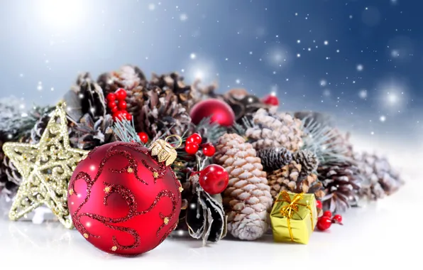 Картинка зима, украшения, подарок, шары, Новый Год, Рождество, star, balls, winter, happy new year, Merry Christmas, …