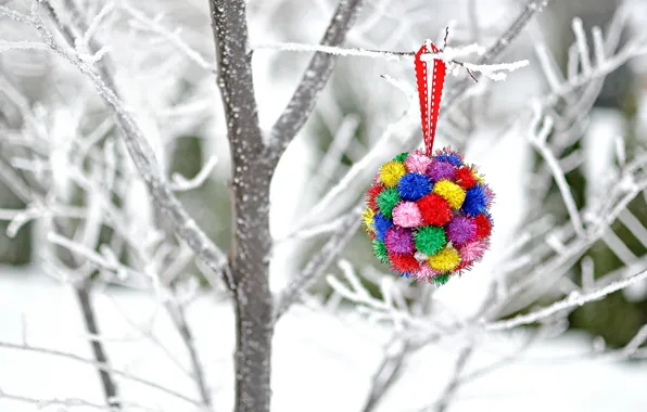 Картинка зима, снег, ветки, дерево, игрушка, Новый Год, Рождество, украшение, Christmas, праздники, New Year
