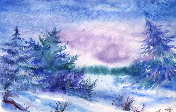 Картинка зима, снег, птицы, акварель, ёлки, нарисованный пейзаж