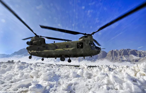 Картинка снег, горы, вертолёт, американский, транспортный, тяжёлый, Chinook, CH-47, «Чинук»