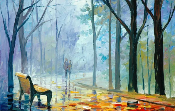 Картинка осень, листья, девушка, деревья, люди, лавочка, пара, парень, живопись, Leonid Afremov