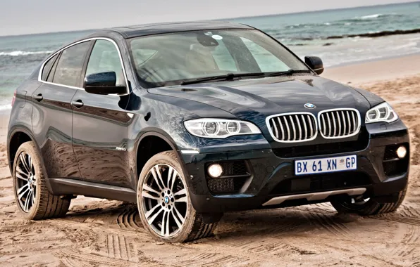 Картинка синий, BMW, джип, БМВ, передок, Икс6, горизонт завален, пляж.песок, xDrive50i