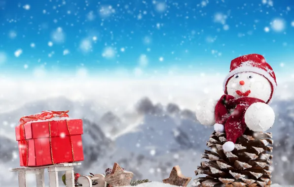 Картинка зима, снег, пейзаж, праздник, коробка, подарок, новый год, снеговик, сани, шишка, декорация