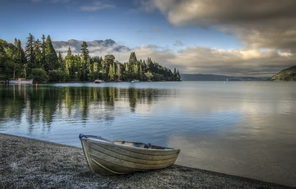 Картинка лодка, New Zealand, Queenstown, Lake Wakatipu, озеро Уакатипу, Новая Зеландтя