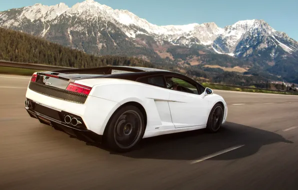 Картинка Lamborghini, Gallardo, Speed, Mountains, Supercar, Motion, LP560-4, Rolling, Rear, Tracking