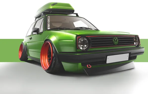 Картинка green, volkswagen, wheels, гольф, golf, tuning, front, gti, classic, face, germany, low, r32, stance, mk2, …