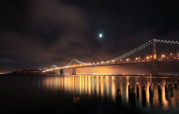 Картинка ночь, мост, огни, река, San Francisco, сваи, USА, South Beach