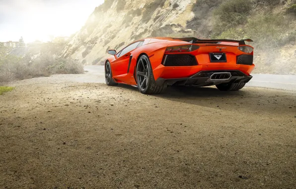 Картинка Lamborghini, Orange, Car, Sun, LP700-4, Aventador, Road, Rear