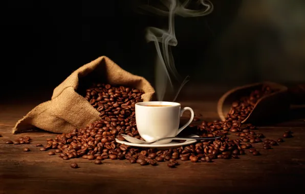 Картинка кофе, ложка, чашка, мешок, кофейные зерна, coffee, spoon, Cup, bag, лопатка, кофейный аромат, shoulder, coffee …