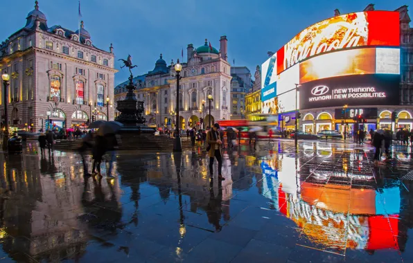 Картинка отражение, Англия, Лондон, площадь Пикадилли, фонтан Шафтесбари, Сохо