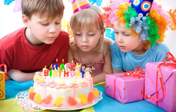 Картинка дети, розовый, день рождения, подарок, ребенок, мальчик, девочка, лента, торт, ленточка, праздники