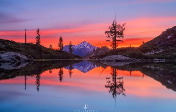 Картинка рассвет, гора, photographer, водоём, California, Mount Shasta, Kenji Yamamura, Castle Lake