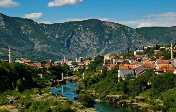 Картинка пейзаж, горы, здания, Босния и Герцеговина, Mostar, река Неретва, Мостар, Neretva River, Bosnia and Herzegovina