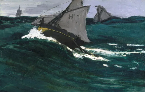 Картинка море, лодка, картина, парус, морской пейзаж, Клод Моне, Зелёная Волна
