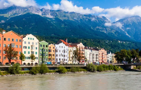 Картинка горы, река, здания, дома, Австрия, мостик, river, bridge, mountains, Austria