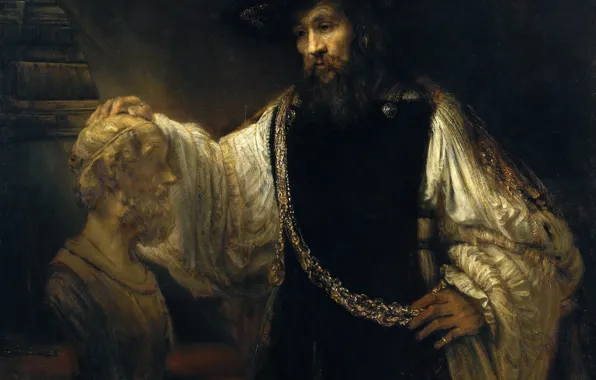 Картинка портрет, картина, Рембрандт ван Рейн, Аристотель с Бюстом Гомера
