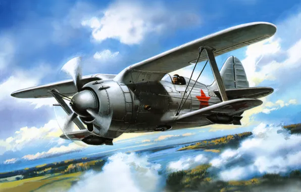 Картинка небо, рисунок, истребитель, арт, взлёт, советский, полутороплан, И-190, конструкции Н. Н. Поликарпова