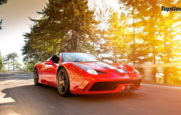 Картинка Top Gear, Ferrari, Red, 458, Front, Sun, Road, Supercar, Speciale A