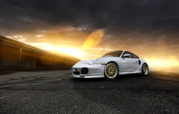 Картинка закат, блики, 911, Porsche, серебристый, порше, front, silvery
