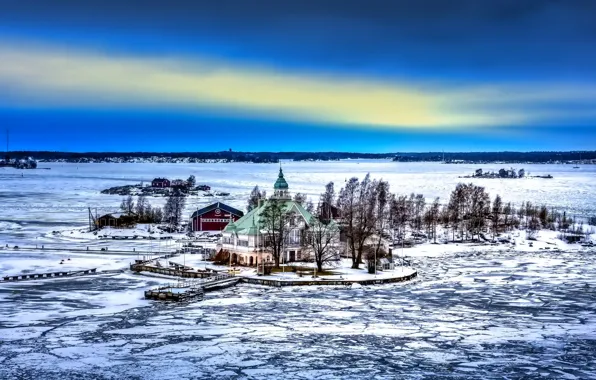 Картинка лед, зима, небо, снег, озеро, дом, остров, церковь