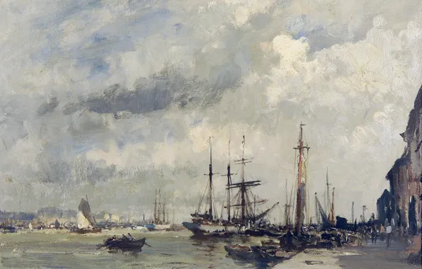 Картинка корабль, картина, морской пейзаж, городской пейзаж, Эдуард Сиго, Пристань в Лиссабоне