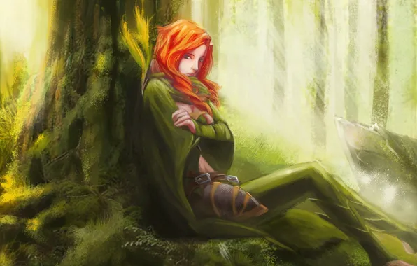 Картинка лес, девушка, арт, рыжая, сидя, DOTA 2, windrunner