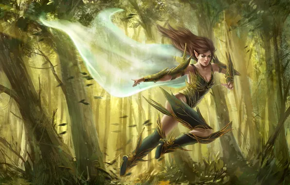 Картинка лес, девушка, ветер, фэнтези, арт, бег, эльфийка