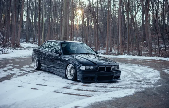 Картинка bmw, forest, tuning, germany, low, stance, e36