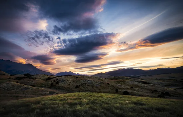 Картинка горы, рассвет, холмы, утро, Новая Зеландия