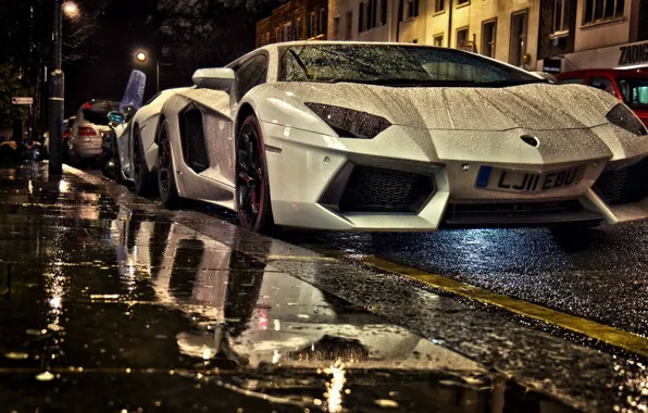 Картинка Street, White Aventador, Lamborghini Aventador under rain at night, Aventador in Street, Two Lamborghini, Aventaror, …