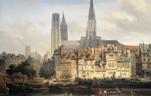 Картинка картина, собор, городской пейзаж, Парижская Набережная в Руане, Йоханнес Босбум