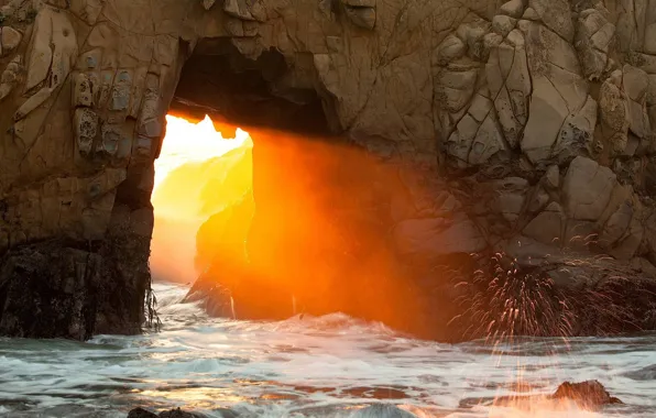 Картинка waves, light, USA, rock, sunshine, sea, landscape, nature, water, California, splash, sunlight, Pfeiffer Beach, arch, …