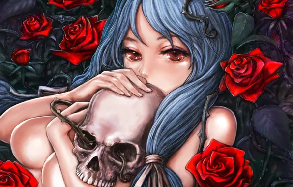 Картинка девушка, череп, розы, арт, шипы, обнажена, pixiv, burunu