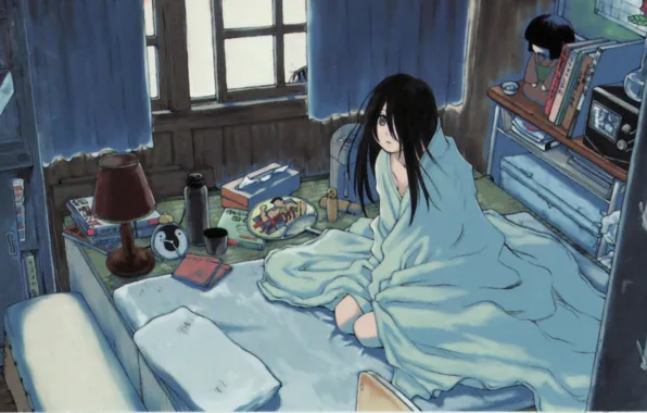 Картинка комната, часы, книги, лампа, окно, веер, девочка, подушка, одеяло, шкаф, шторы, термос, Sayonara Zetsubou Sensei, …
