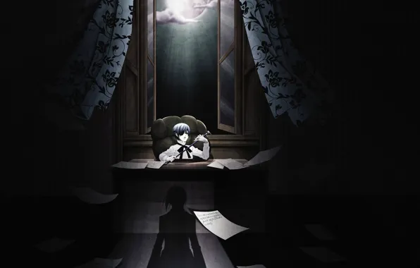 Картинка ночь, бумага, тень, кресло, мальчик, окно, трость, занавески, полнолуние, кабинет, приказ, Kuroshitsuji, Ciel Phantomhive, открытое