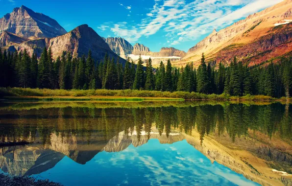 Картинка лес, небо, отражения, озеро, Скалистые горы, Национальный парк Глейшер, Mount Grinnell
