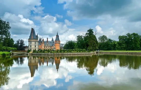 Картинка вода, облака, деревья, дизайн, пруд, отражение, замок, газон, Франция, кусты, Chateau de Maintenon, Ментенон