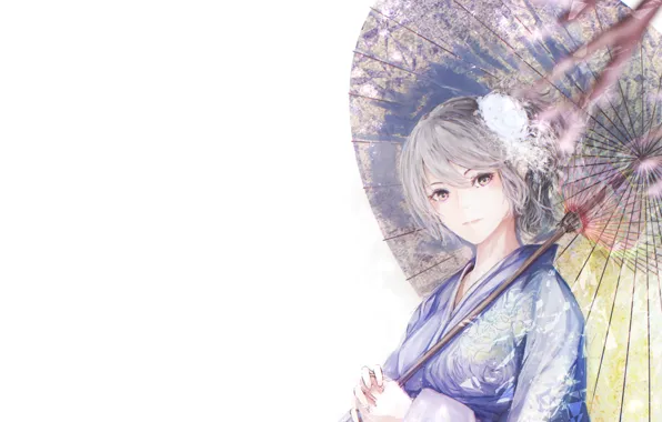 Картинка девушка, ветки, зонт, сакура, кимоно