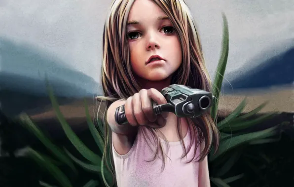 Картинка трава, взгляд, стиль, оружие, милая, пуля, платье, девочка, ствол, длинные волосы, фокусировка, Опасная, угрожает