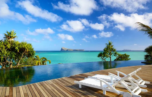 Картинка море, пляж, тропики, пальмы, отдых, relax, sunshine, beach, paradise, vacation, tropical, chairs, Mauritius, deck, indian …