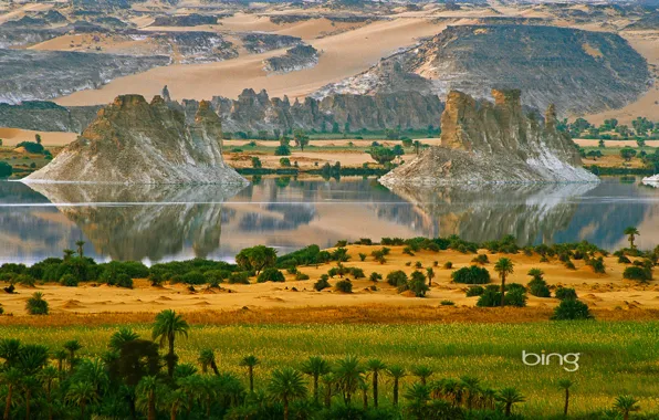Картинка горы, озеро, река, пальмы, скалы, остров, Африка, северный Чад, Ounianga Serir