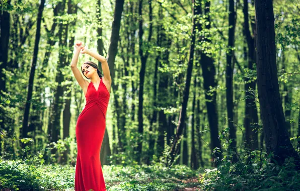 Картинка red, girl, summer, fantasy, sexy, forest, fashion, dress, design, nature, style, woman, wood, young, lifestyle, …