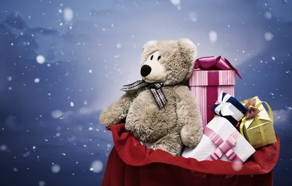 Картинка снег, серый, праздник, игрушка, новый год, мишка, подарки, new year, мешок, плюшевый, toy, bear, snow, …
