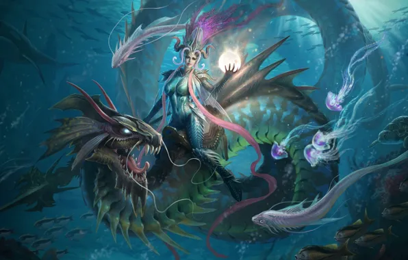 Картинка девушка, рыбы, магия, дракон, шар, арт, медузы, копье, сфера, подводный мир, верхом, Li Ya