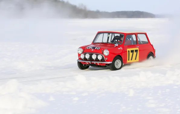 Картинка Красный, Зима, Снег, Фары, Mini Cooper, Rally, MINI, Мини Купер
