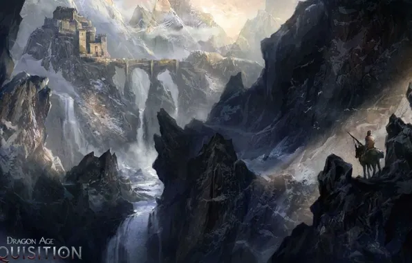 Картинка горы, мост, город, река, замок, водопад, всадник, путник, dragon age inquisition