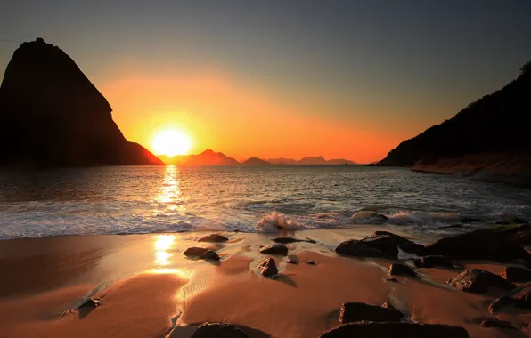 Картинка пляж, солнце, скалы, Бразилия, Brazil, Rio de Janeiro, Рио-де- Жанейро